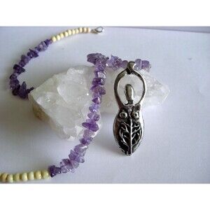 Amethyst Chip Bead Necklace with Goddess Tree Of Life Pewter Pendant Purple